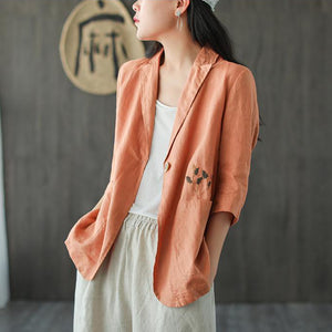 Áo khoác vest linen ngắn tay hai túi thêu nhành hoa - NU7190