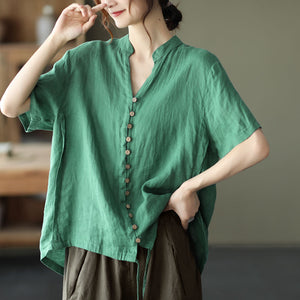 Áo sơ mi linen ngắn tay cổ đứng dây rút vạt áo - NU7016