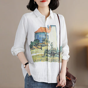 Áo sơ mi linen dài tay cổ đức in tranh đồng quê - NU8341