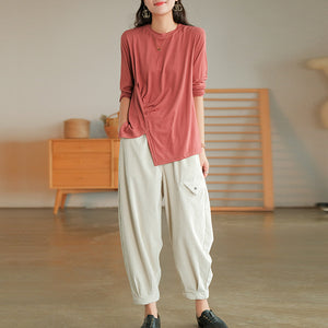 Áo T-shirt dài tay cổ tròn xẻ tà xếp ly - NU6603