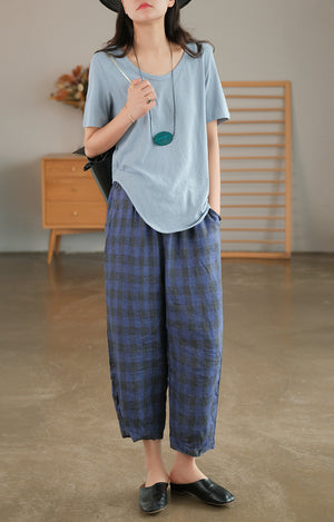 Quần baggy linen kẻ caro lưng thun hai túi chéo - NU7063