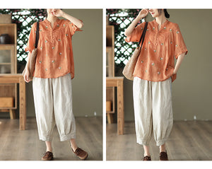 Quần baggy linen lưng thun dây rút thêu hoa hồng - NU7324