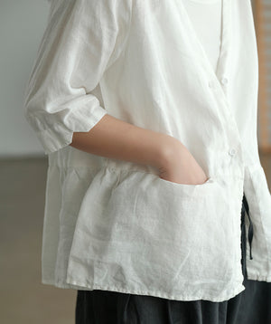 Áo sơ mi linen ngắn tay cổ V form rộng - NU5582