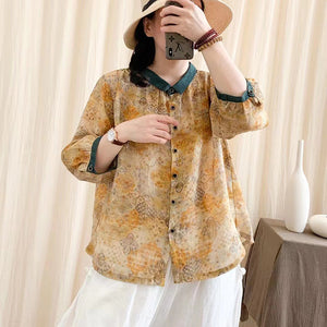 Áo sơ mi linen tay lửng cổ pipi đơn sắc in hoa liti - NU6996