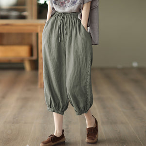 Quần baggy linen lưng thun dây rút thêu ren hai bên - NU7479
