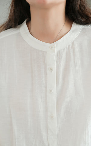 Áo sơ mi linen ngắn tay cổ tròn xếp ly tà lệch bo tròn - NU7388