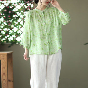 Áo sơ mi linen tay lửng cổ đứng in hoa văn - NU6920