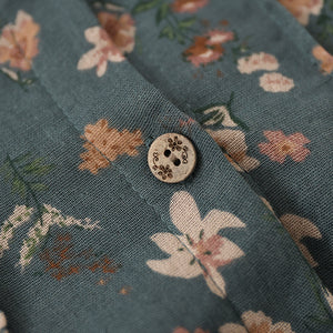 Áo sơ mi linen dài tay cổ đức xếp ly in hoa lá - NU8106