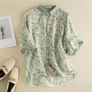 Áo sơ mi linen ngắn tay cổ pipi in hoa tulip sắc màu - NU8544