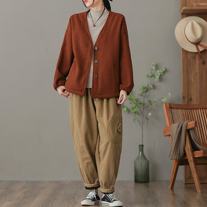 Áo khoác cardigan len dạ dài tay hai cổ V hai túi chéo - NU7872