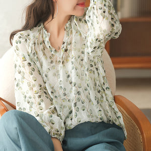Áo sơ mi dài tay cổ V in hoa lá tay bồng- NU7270