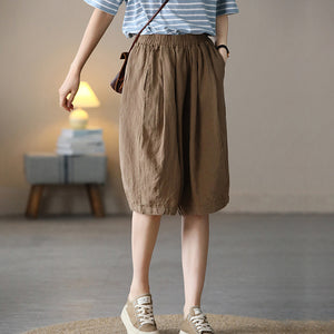 Quần baggy lửng linen lưng thun một màu hai túi chéo  - NU7076