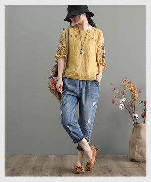 Quần baggy denim thêu hoa bồ công anh - NU3794 - kamaka.vn - thời trang nhật