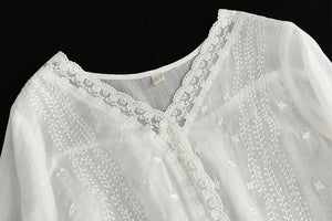 Áo sơ mi linen ngắn tay cổ V thêu ren và dây leo - NU7050