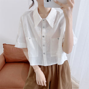 Áo sơ mi linen ngắn tay cổ sen nhọn hai túi vuông - NU7511