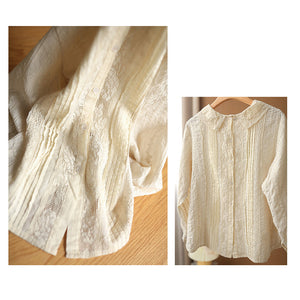 Áo sơ mi linen dài tay cổ tròn đính bèo thêu hoa lá hai chiều - NU6684
