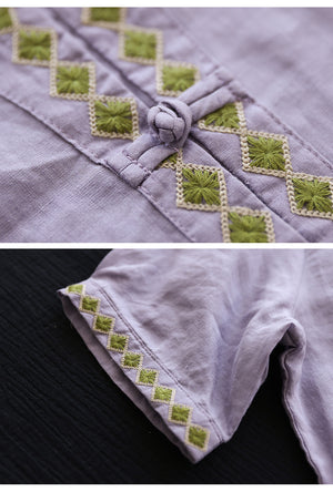 Áo sơ mi linen ngắn tay cổ V khuy tròn hoa văn thổ cẩm - NU6965