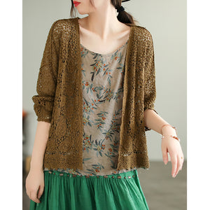 Áo khoác cardigan dệt kim ngắn tay thêu hoa lá - NU7550