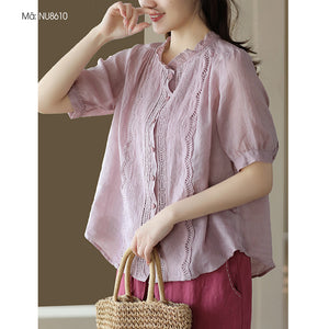 Áo sơ mi linen ngắn tay thêu ren bông tuyết - NU8610
