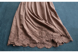 Đầm liền linen hai dây form xòe thêu hoa lá - NU6941