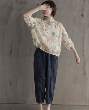 Áo T-shirt linen ngắn tay cổ tròn bo thun in hoa văn - NU7302