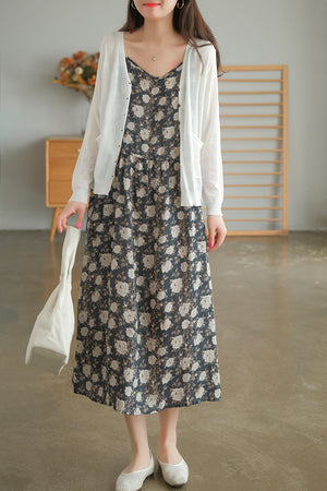Đầm liền linen hai dây cổ V in hoa lá - NU7071