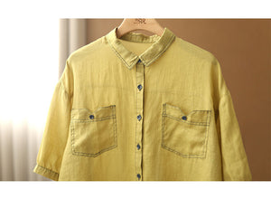 Áo sơ mi linen ngắn tay cổ đức hai túi vuông - NU6916