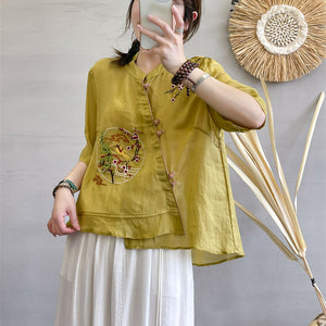 Áo sơ mi linen ngắn tay cổ tàu khuy tròn thêu chim phượng hoàng - NU7172