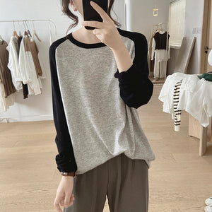 Áo T-shirt dệt kim dài tay phối lệch màu cổ tròn - NU8099
