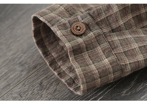 Áo sơ mi linen dài tay cổ đức kẻ sọc caro một túi vuông - NU7688