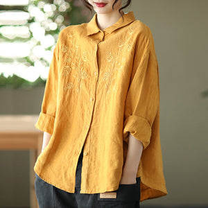 Áo sơ mi linen dài tay cổ đức thêu hoa đối xứng - NU6676