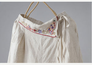 Quần baggy linen lưng cao thêu hoa văn ống rộng - NU8413