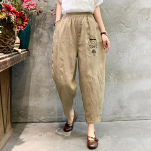 Quần baggy linen lưng thun thêu cô bé tóc xù - NU6830
