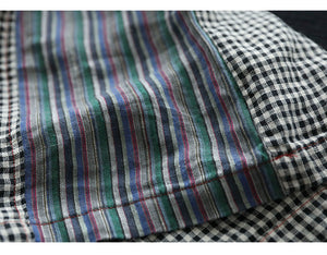Áo T-shirt linen ngắn tay cổ tròn chắp vá mảng màu caro - NU7274