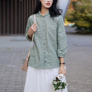 Áo sơ mi linen tay lửng cổ pipi kẻ sọc caro - NU6745