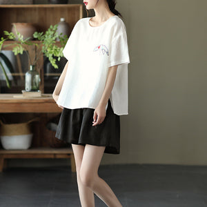 Quần sooc linen lưng thun thêu dây leo đính khuy - NU6959
