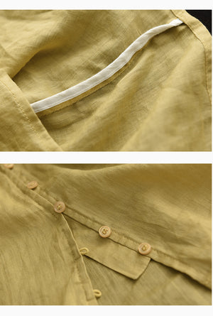 Áo sơ mi linen ngắn tay cổ V thêu hoa lá đối xứng - NU7526