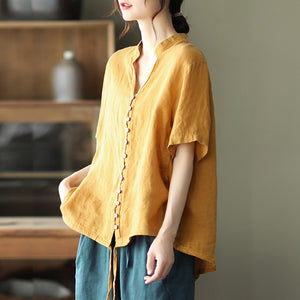 Áo sơ mi linen ngắn tay cổ đứng dây rút vạt áo - NU7016