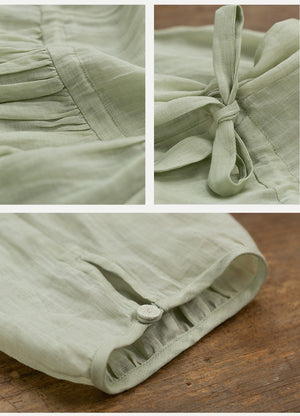 Đầm liền linen ngắn tay cổ đứng thêu chim én và nhành hoa - NU7574