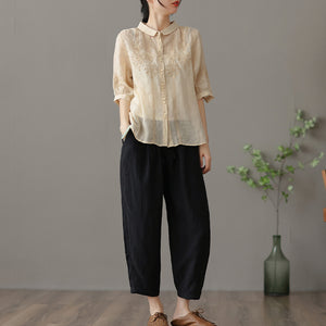 Áo sơ mi linen ngắn tay cổ pipi thêu những bông tuyết đối xứng - NU7182