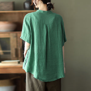 Áo sơ mi linen ngắn tay cổ đứng dây rút vạt áo - NU7016
