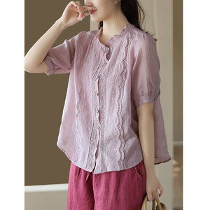 Áo sơ mi linen ngắn tay thêu ren bông tuyết - NU8610