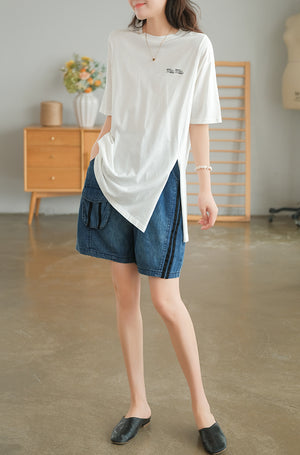 Quần sooc denim lưng thun dây rút hai sọc - NU7510