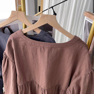 Áo sơ mi linen dài tay cổ V kiểu bo tay - NU8458