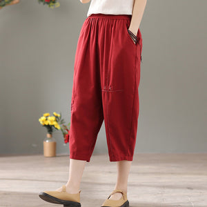 Quần baggy linen lưng thun thêu hoa văn hai túi chéo - NU6877