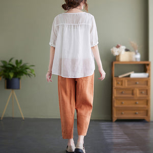 Áo T-shirt linen ngắn tay cổ V thêu hình học đối xứng - NU7330