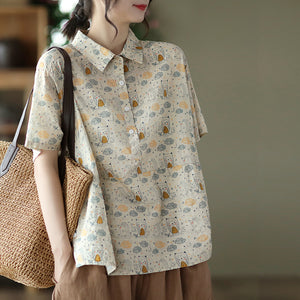 Áo sơ mi linen ngắn tay cổ đức in những chú cú ngộ nghĩnh - NU7066