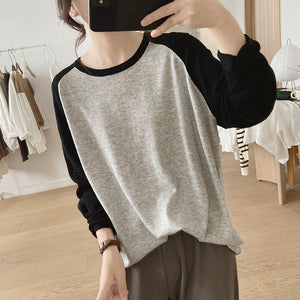 Áo T-shirt dệt kim dài tay phối lệch màu cổ tròn - NU8099