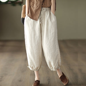Quần baggy linen lưng thun dây rút thêu ren hai bên - NU7479