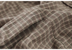 Áo sơ mi linen dài tay cổ đức kẻ sọc caro một túi vuông - NU7688
